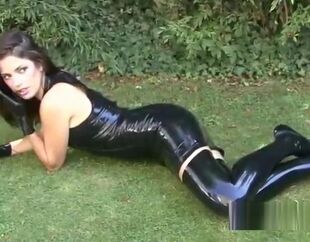 Outdoor spandex fetish and shining rubber wear exposure